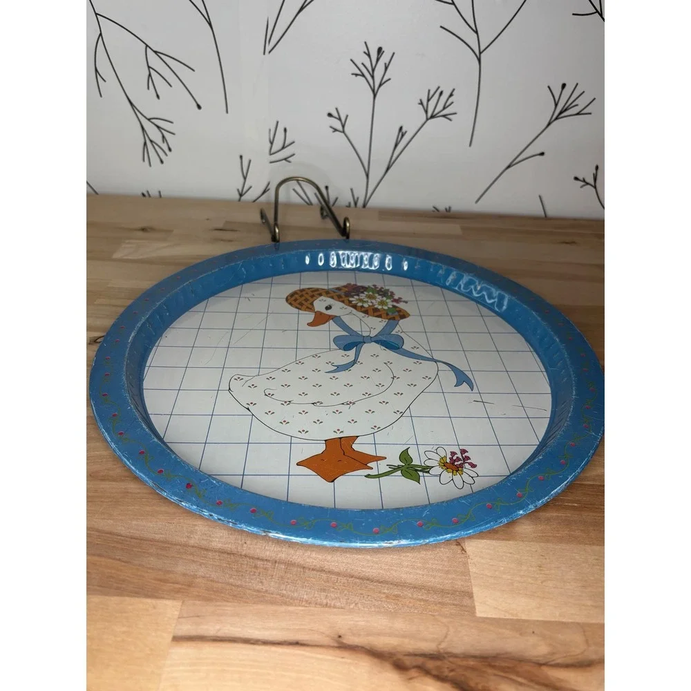 Vtg Giftco Inc Round Metal Serving Tray Country Goose Floral Sun Hat Blue 13